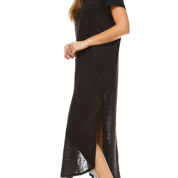 Amerikan Basics Small 100% Linen Tab Sleeve Black Summer Sheer Split Sides Dress - Picture 8 of 12